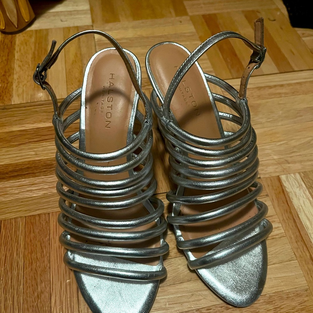 Halston Heritage Silver Strappy Heels with Cage Design